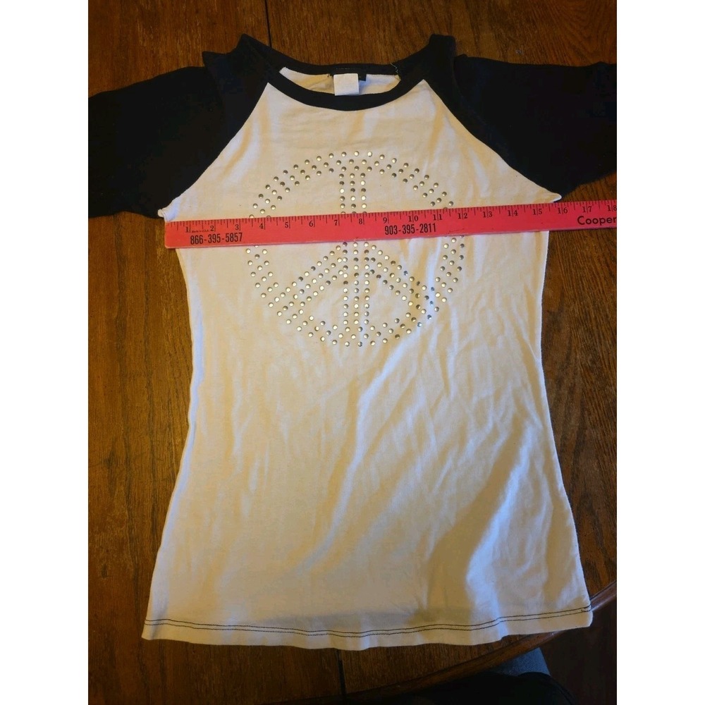Rue 21 Y2K Grunge t shirt 3/4 Sleeve Rhinestone Peace Shirt Size Large USA Made - Picture 3 of 6